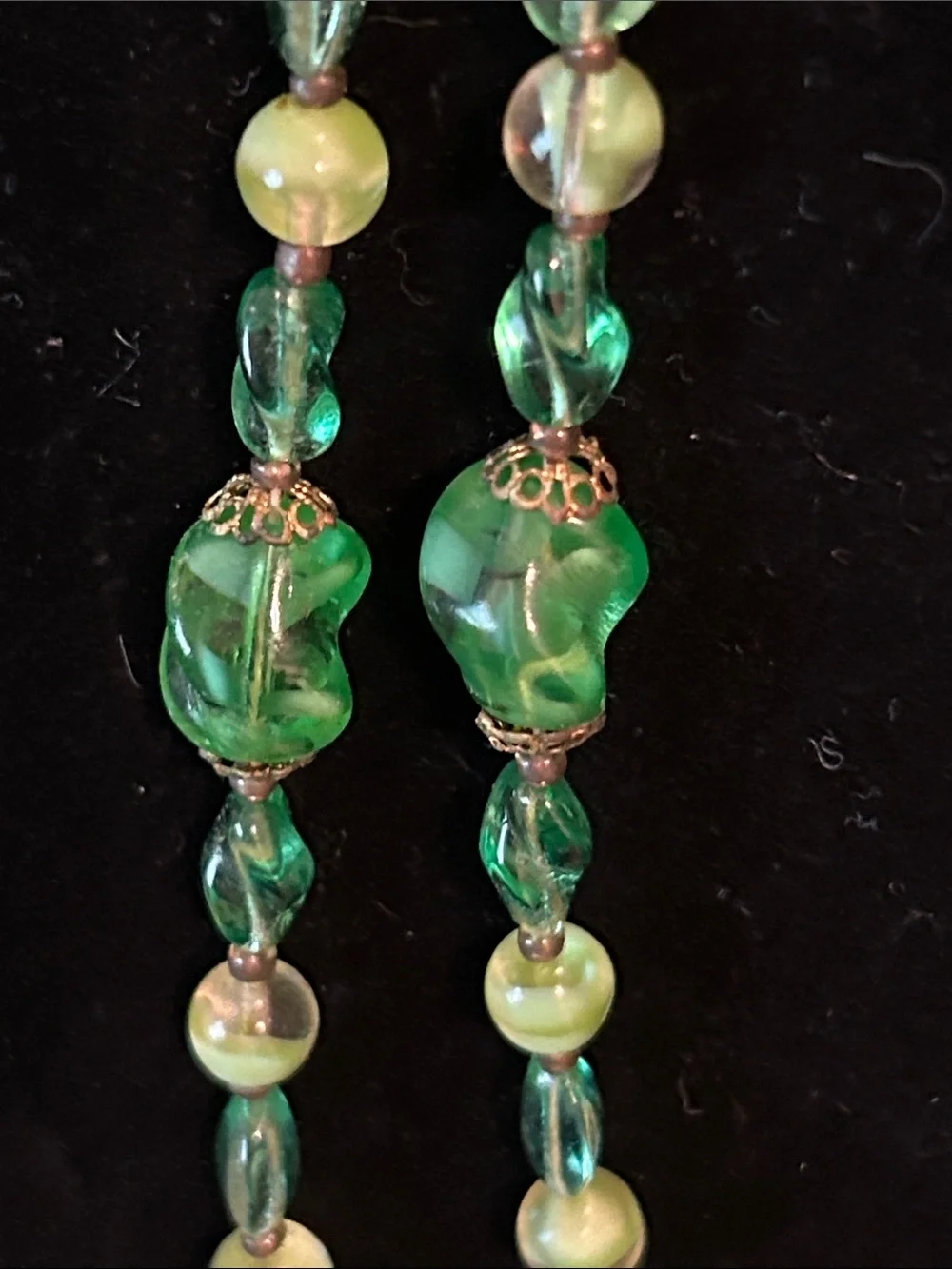 Czech Green Lamp Glass Bead Necklace with Brass Filigree Caps